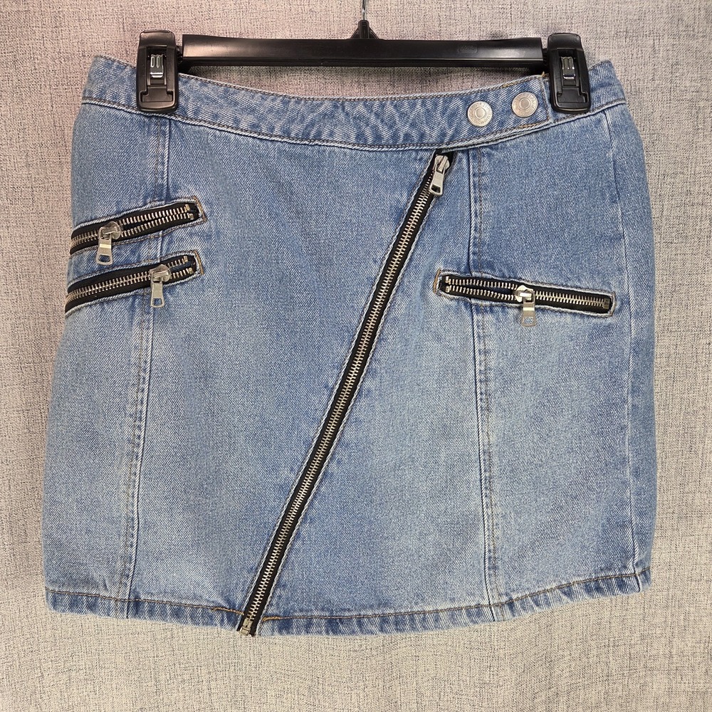 Forever 21 Denim Mini Skirt Blue Zipper Faux Pockets Medium Moto Grunge Retro